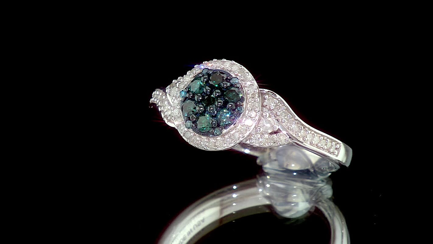 D''Joy Blue Diamond (IR), Diamond Ring in Rhodium Over Sterling Silver (Size 10.0) 0.51 ctw