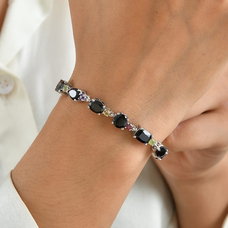 EverTrue Thai Black Spinel and Multi Gemstone 22.80 ctw Midnight Jubilee Bracelet in Platinum Bond (7.25 In)
