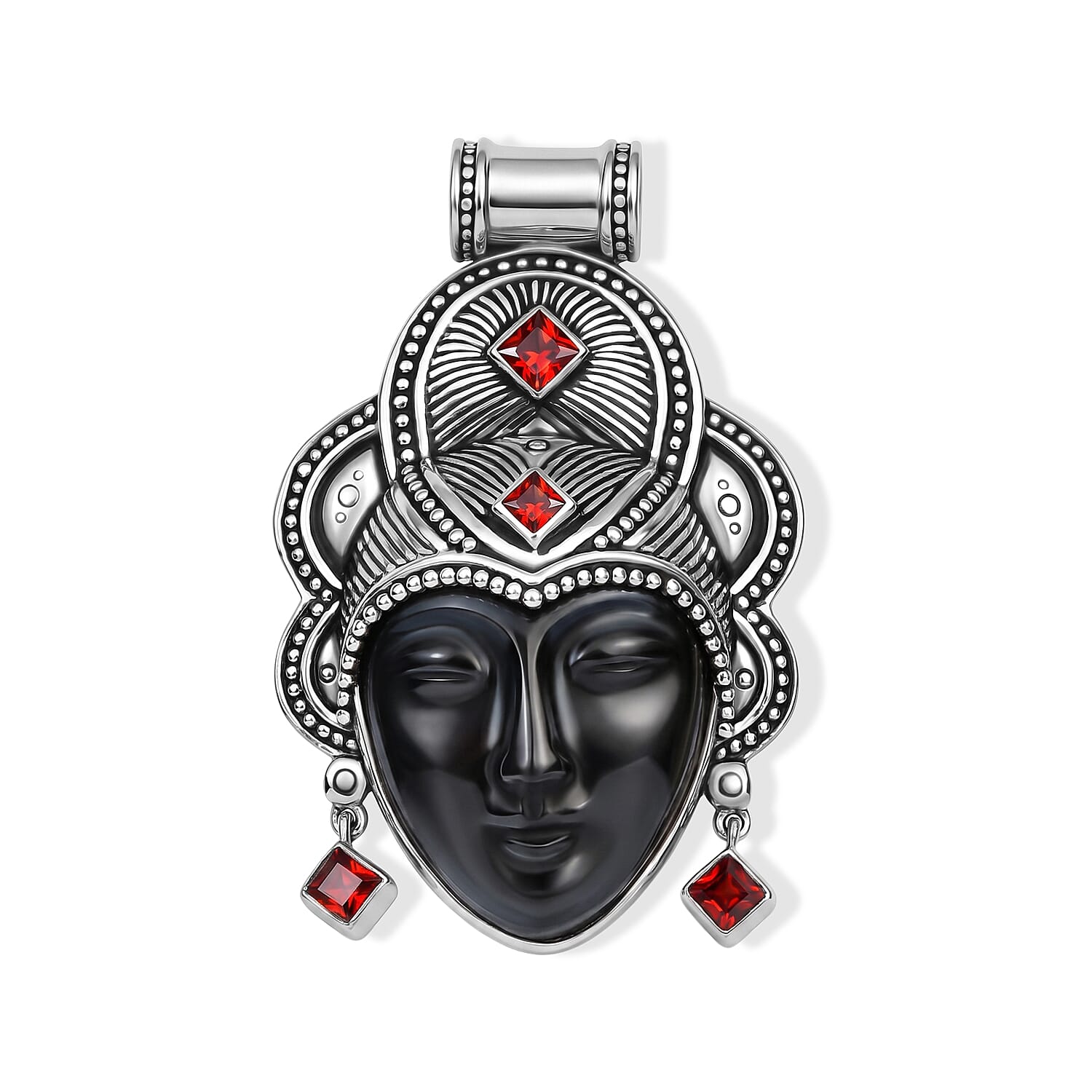 Hematite Carving Face, Mozambique Garnet Pendant Without Chain in Sterling Silver 33.30 ctw