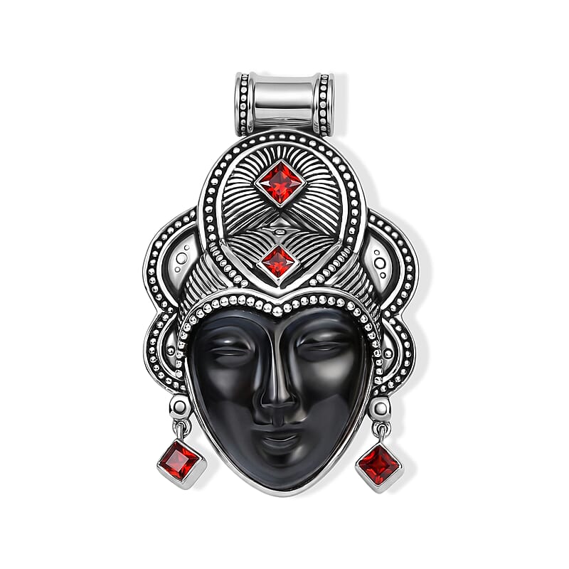 Sajen Silver Natural Hematite Carved and Mozambique Garnet 33.30 ctw Pendant Without Chain in Sterling Silver