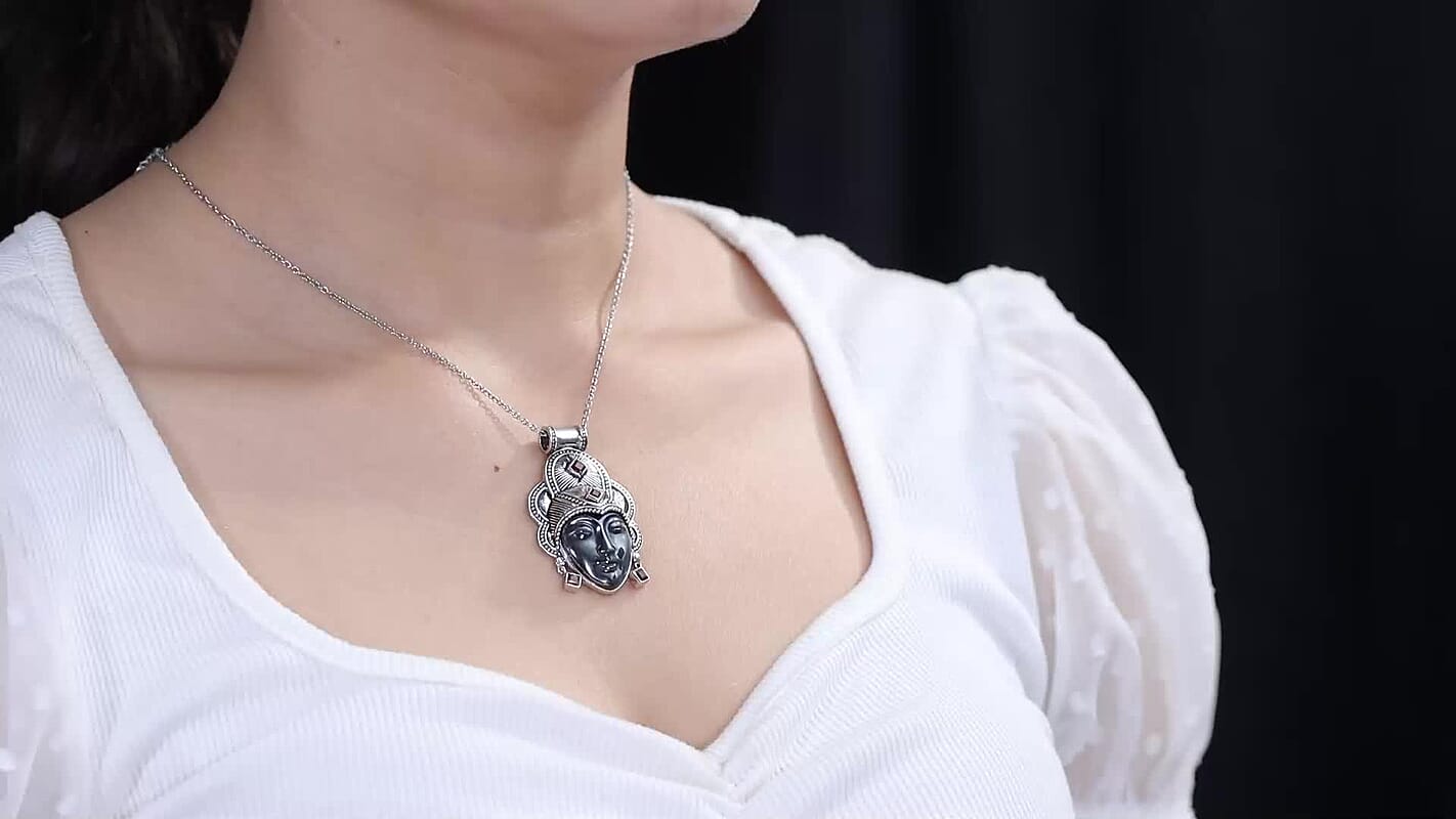 Hematite Carving Face, Mozambique Garnet Pendant Without Chain in Sterling Silver 33.30 ctw