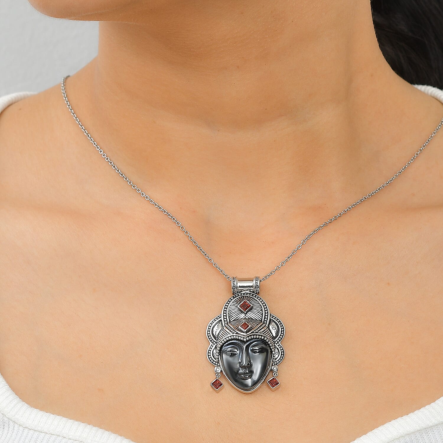 Hematite Carving Face, Mozambique Garnet Pendant Without Chain in Sterling Silver 33.30 ctw