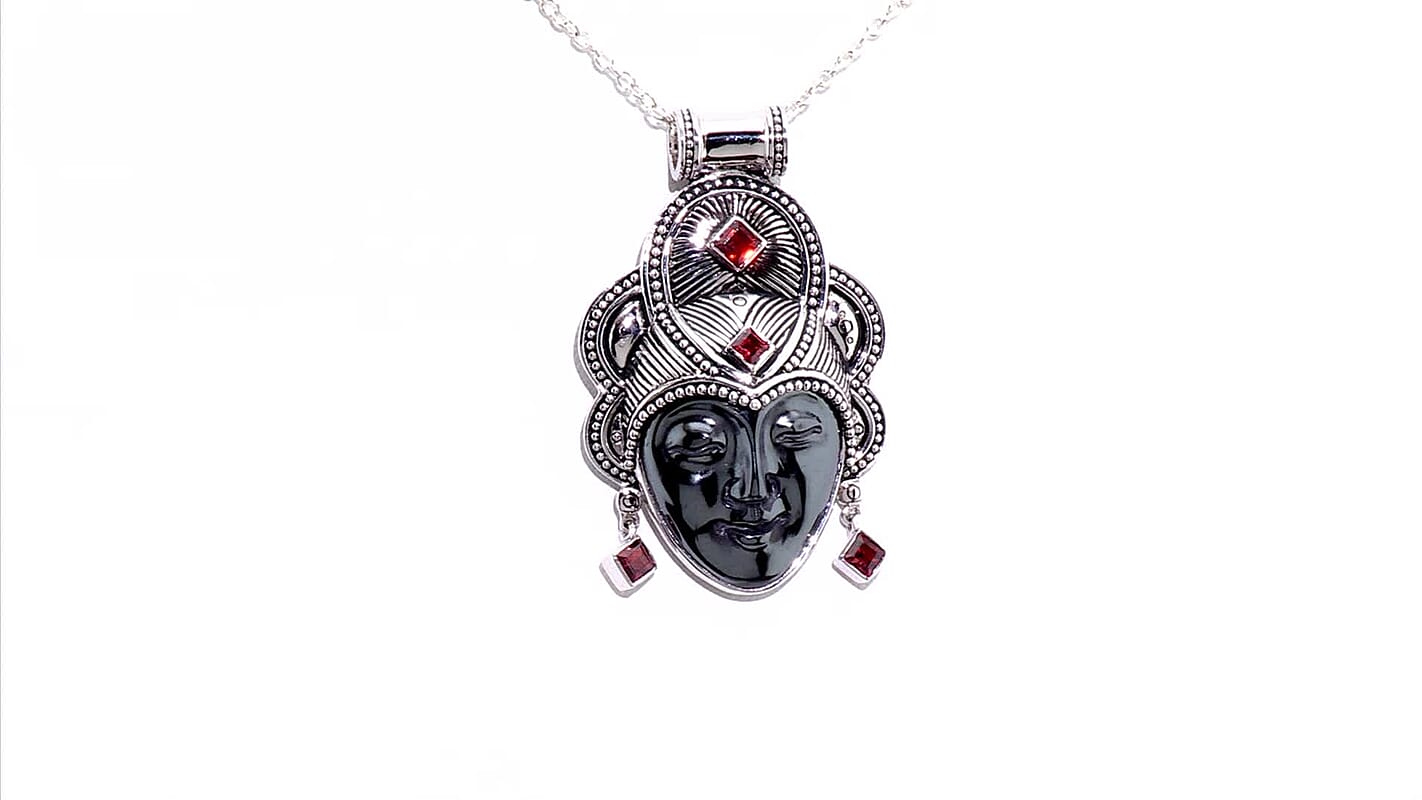 Hematite Carving Face, Mozambique Garnet Pendant Without Chain in Sterling Silver 33.30 ctw