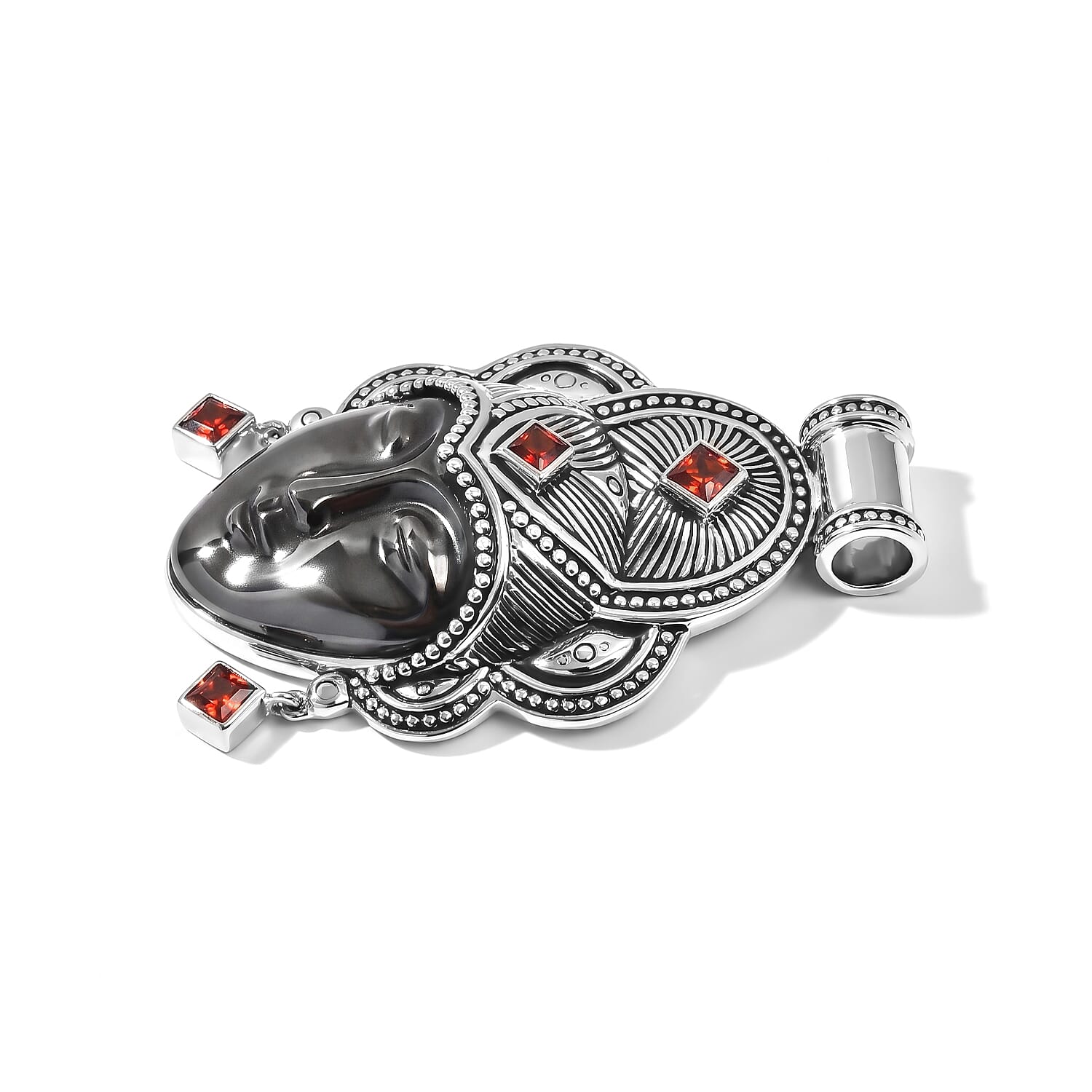 Sajen Silver Natural Hematite Carved and Mozambique Garnet 33.30 ctw Pendant Without Chain in Sterling Silver