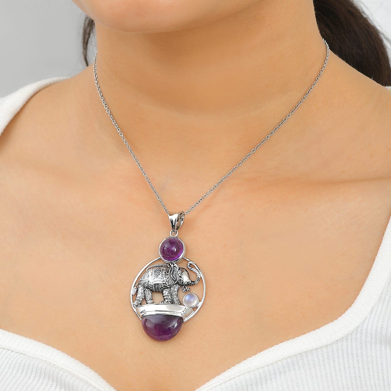 Rainbow Moonstone, African Amethyst Pendant Without Chain in Sterling Silver 16.75 ctw