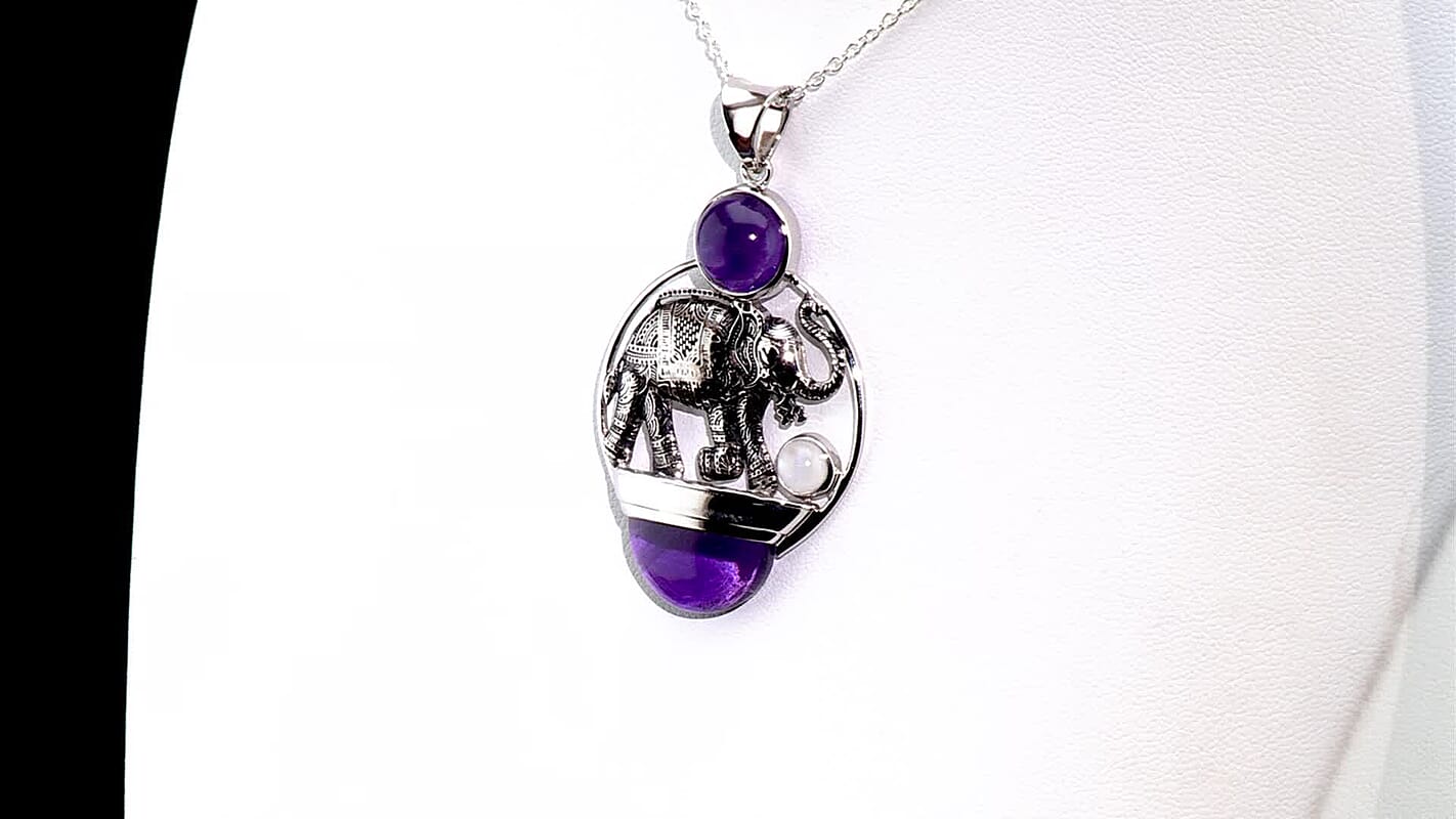 Rainbow Moonstone, African Amethyst Pendant Without Chain in Sterling Silver 16.75 ctw