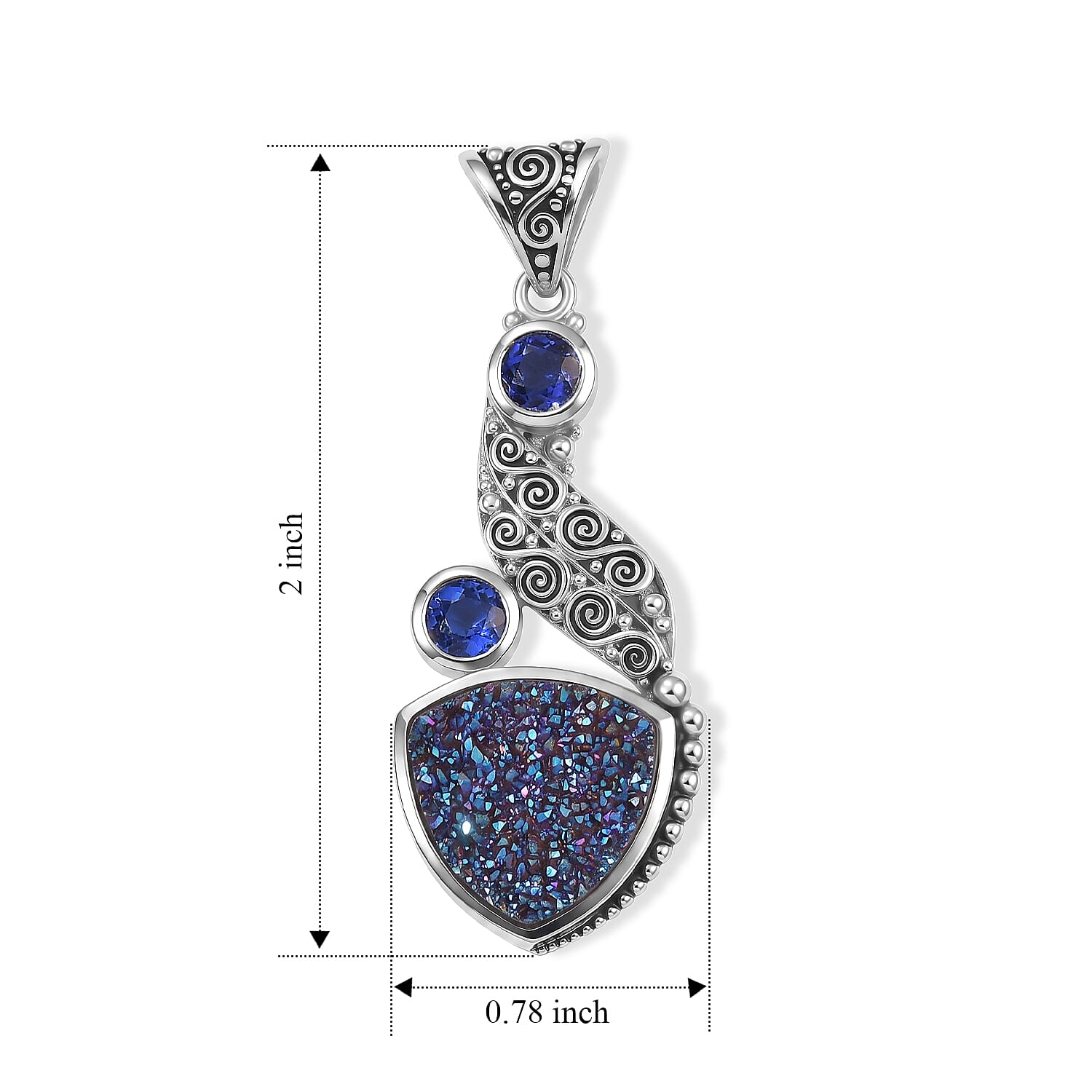 Sajen Silver Blue Sapphire Flat Drusy Quartz and Celestial Swiss Blue Doublet Quartz 12.60 ctw Pendant Without Chain in Sterling Silver