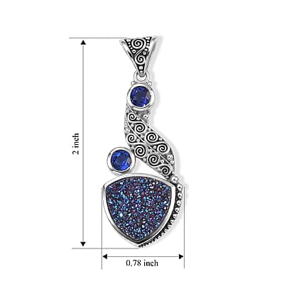 Sajen Silver Blue Sapphire Flat Drusy Quartz and Celestial Swiss Blue Doublet Quartz 12.60 ctw Pendant Without Chain in Sterling Silver