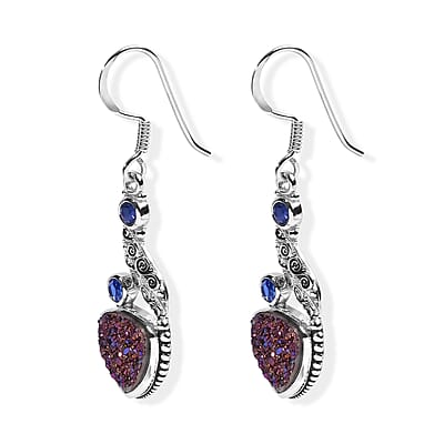 Sajen Silver Blue Sapphire Flat Drusy Quartz and Celestial Swiss Blue Doublet Quartz 9.75 ctw Earrings in Sterling Silver