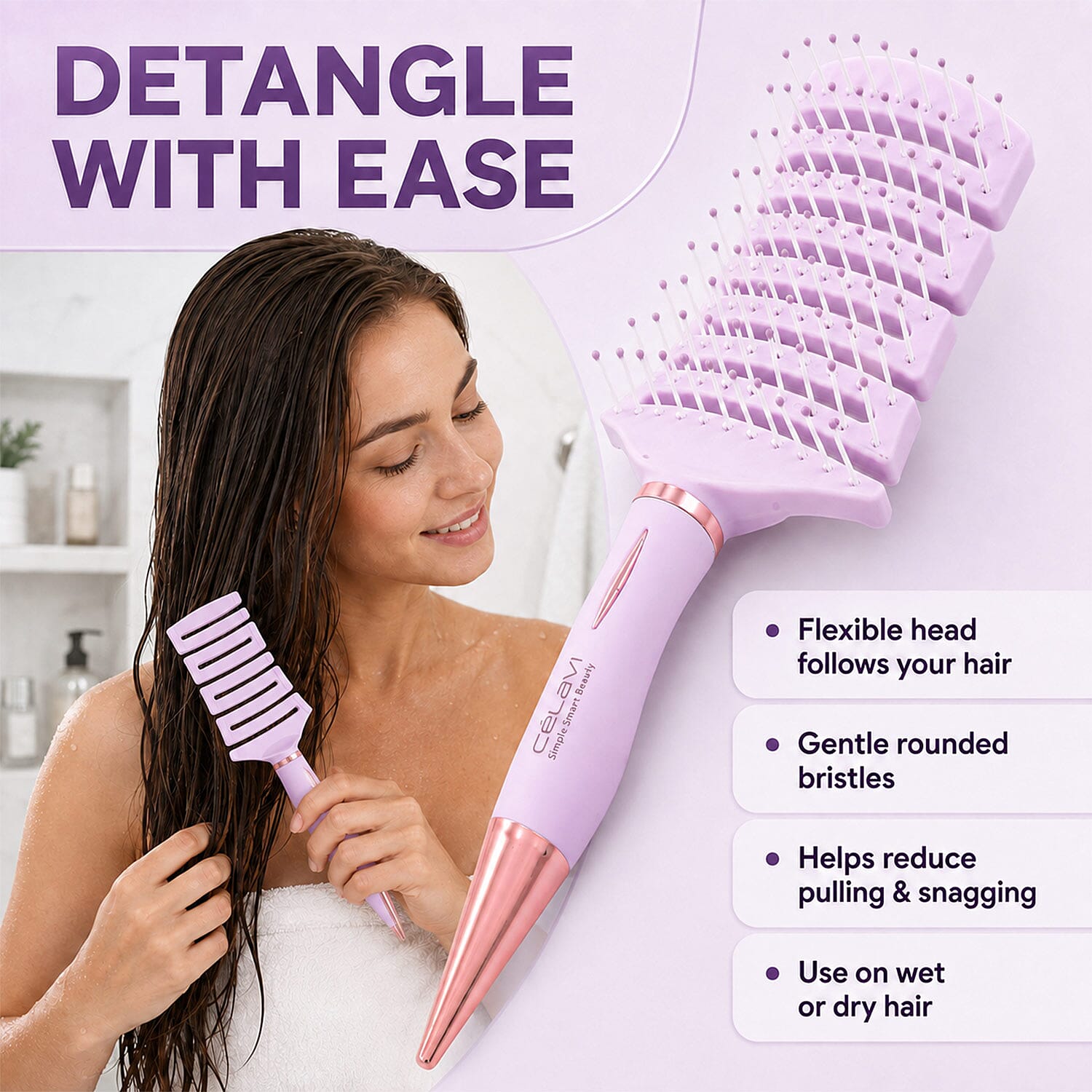 Celavi Pointed End Detangling Vent Brush for Wet or Dry Hair in Lavender
