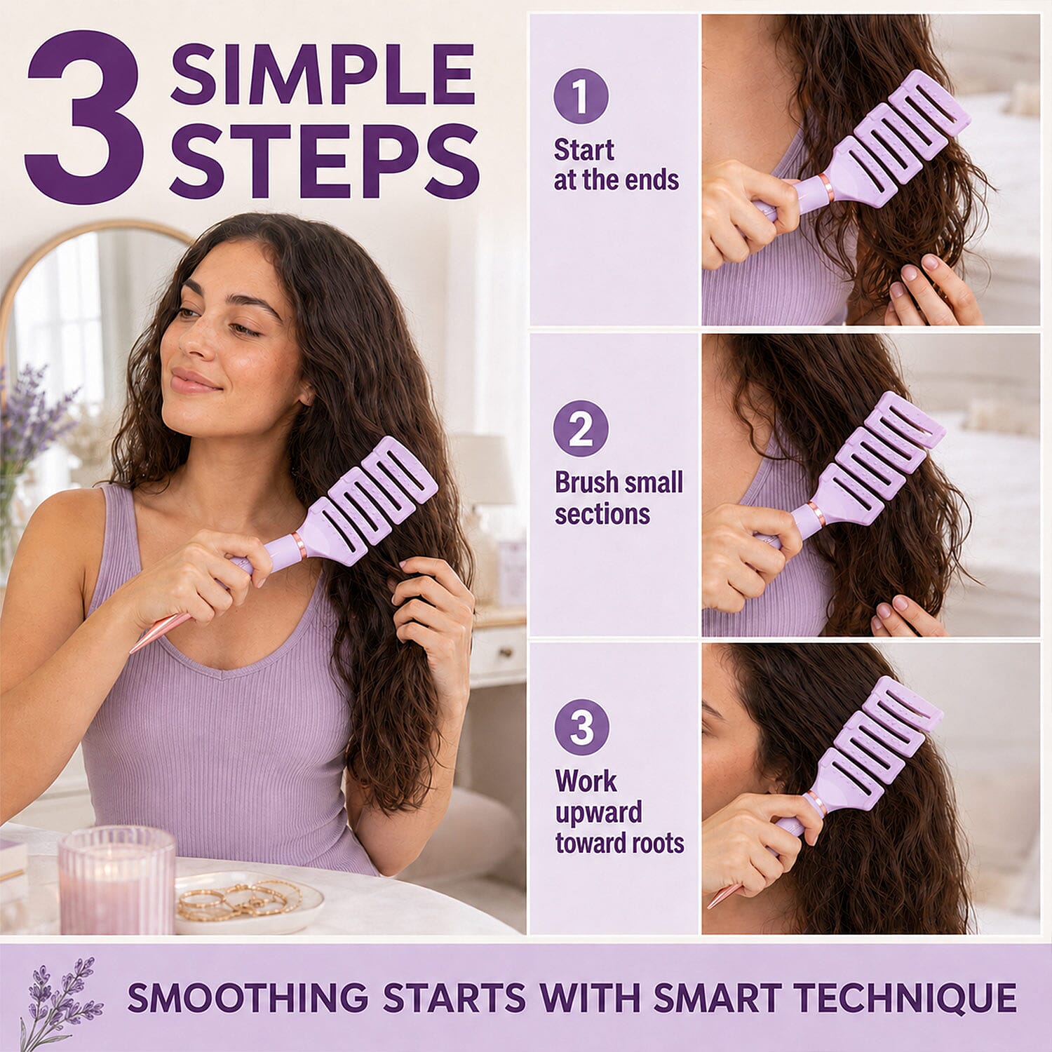 Celavi Pointed End Detangling Vent Brush for Wet or Dry Hair in Lavender