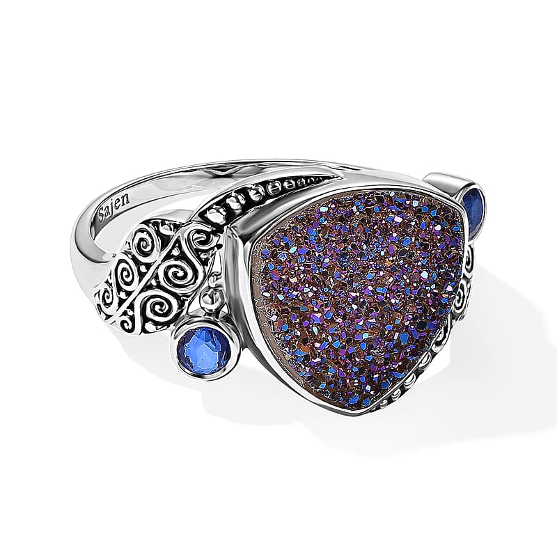 Sajen Silver Blue Sapphire Flat Drusy Quartz, Celestial Swiss Blue Doublet Quartz Ring in Sterling Silver (Size 5.0) 6.20 ctw