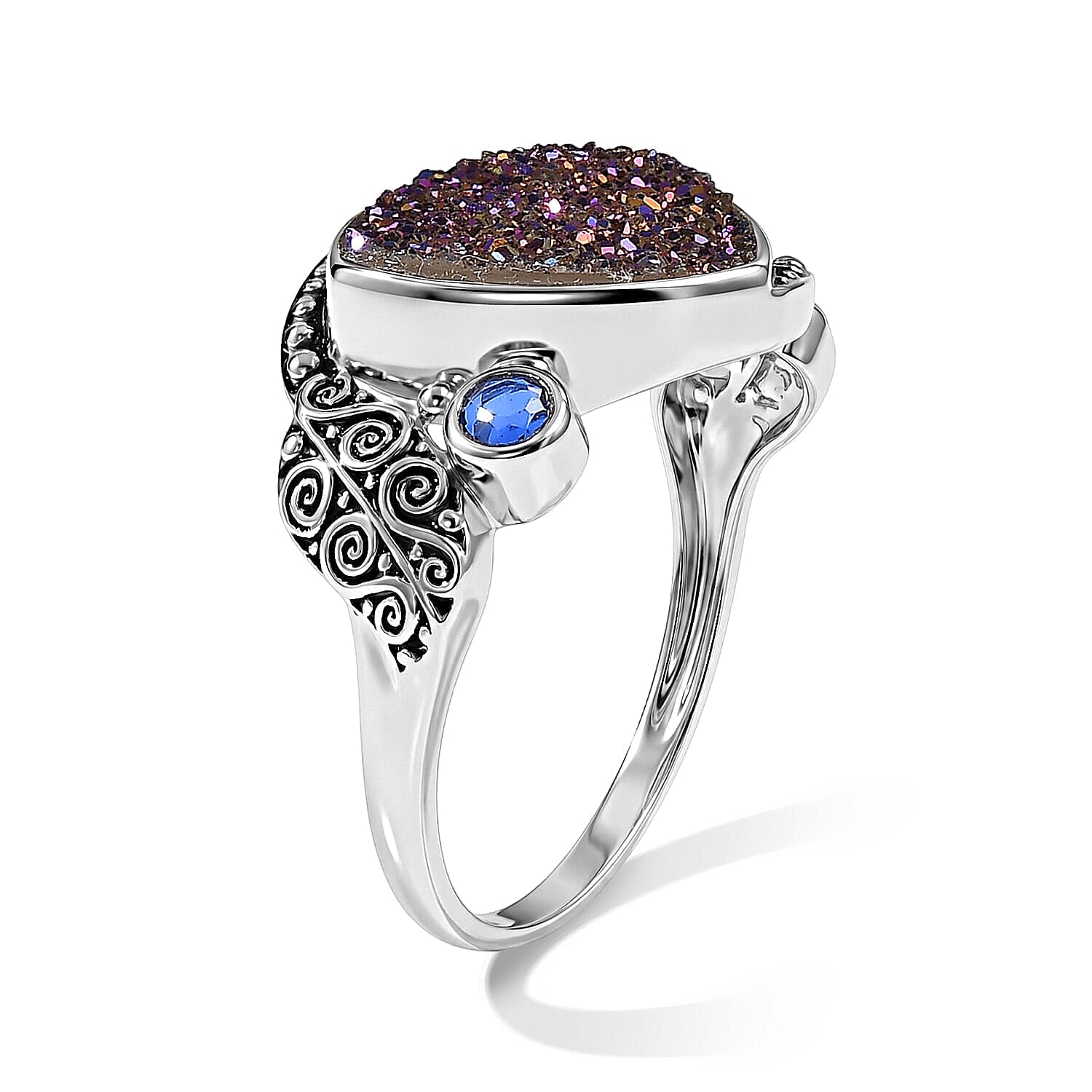 Sajen Silver Blue Sapphire Flat Drusy Quartz, Celestial Swiss Blue Doublet Quartz Ring in Sterling Silver (Size 5.0) 6.20 ctw