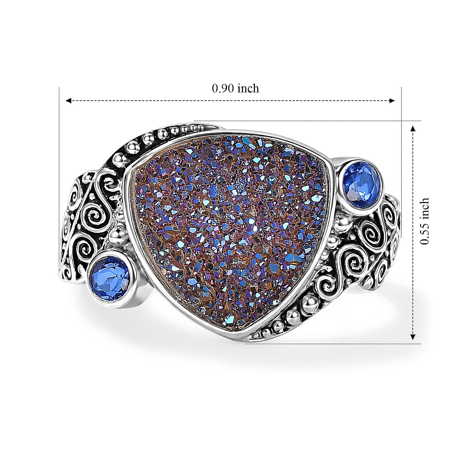 Sajen Silver Blue Sapphire Flat Drusy Quartz, Celestial Swiss Blue Doublet Quartz Ring in Sterling Silver (Size 5.0) 6.20 ctw