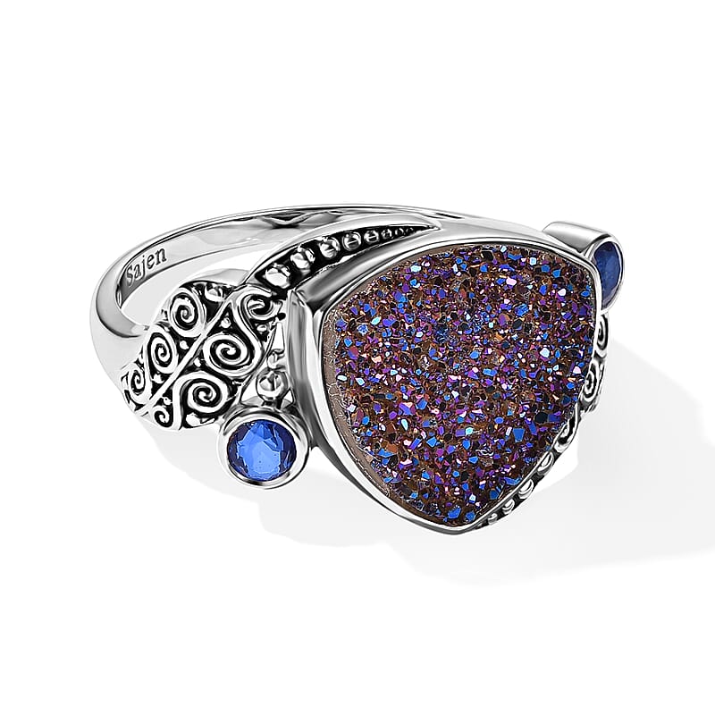 Sajen Silver Blue Sapphire Flat Drusy Quartz and Celestial Swiss Blue Doublet Quartz 6.20 ctw Ring in Sterling Silver (Size 6.0)