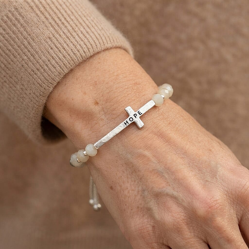 White Resin 8.80 ctw Hope Cross Bolo Bracelet in Silvertone