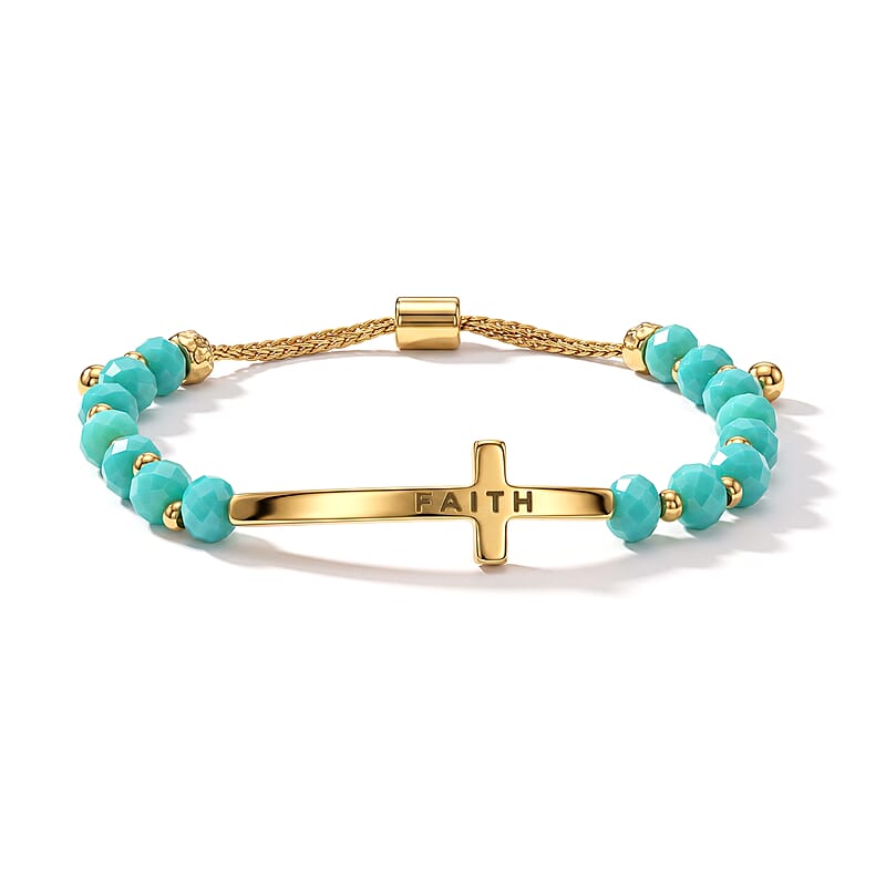 Turquoise Resin 8.80 ctw Faith Cross Bolo Bracelet in Goldtone