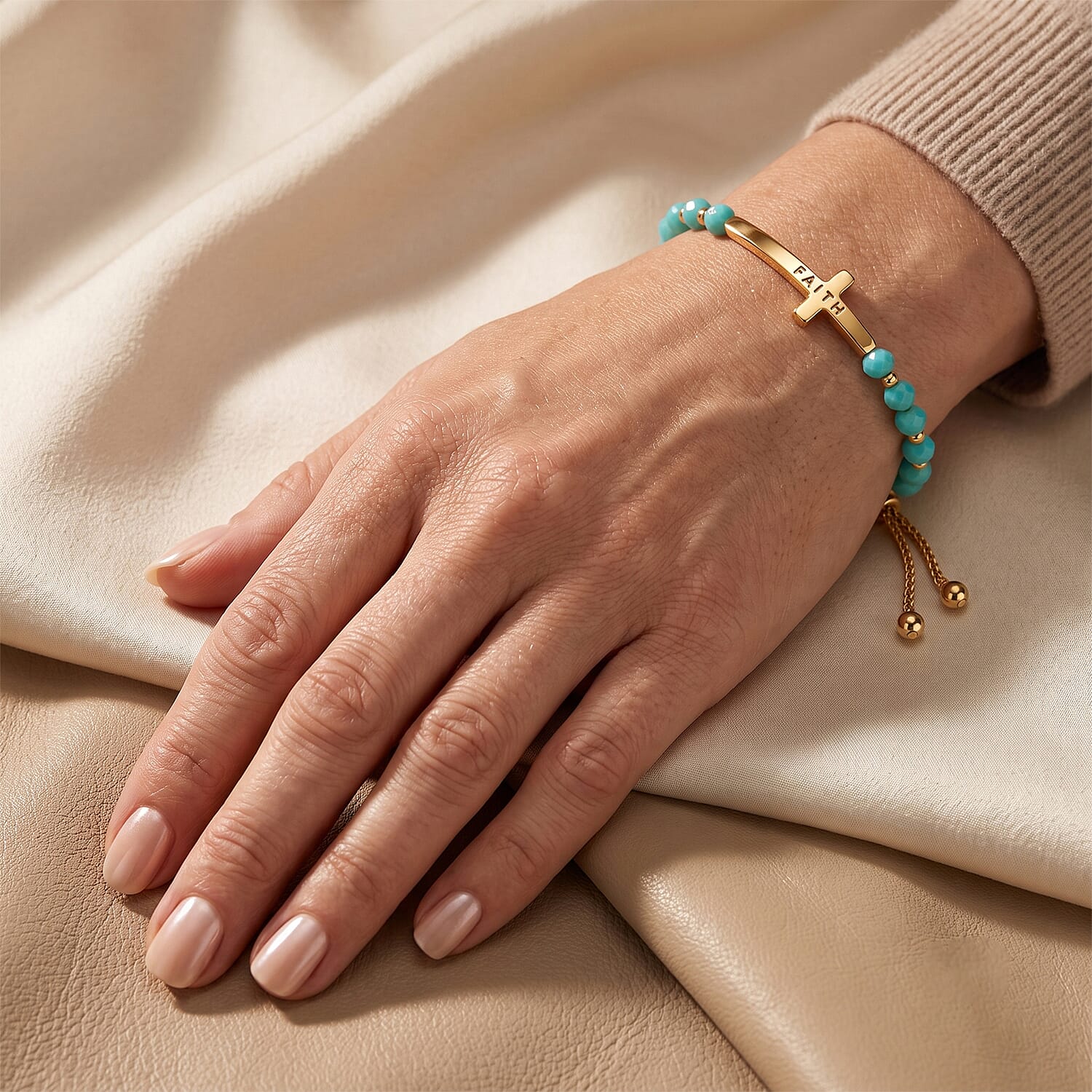 Turquoise Resin 8.80 ctw Faith Cross Bolo Bracelet in Goldtone