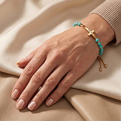 Turquoise Resin 8.80 ctw Faith Cross Bolo Bracelet in Goldtone