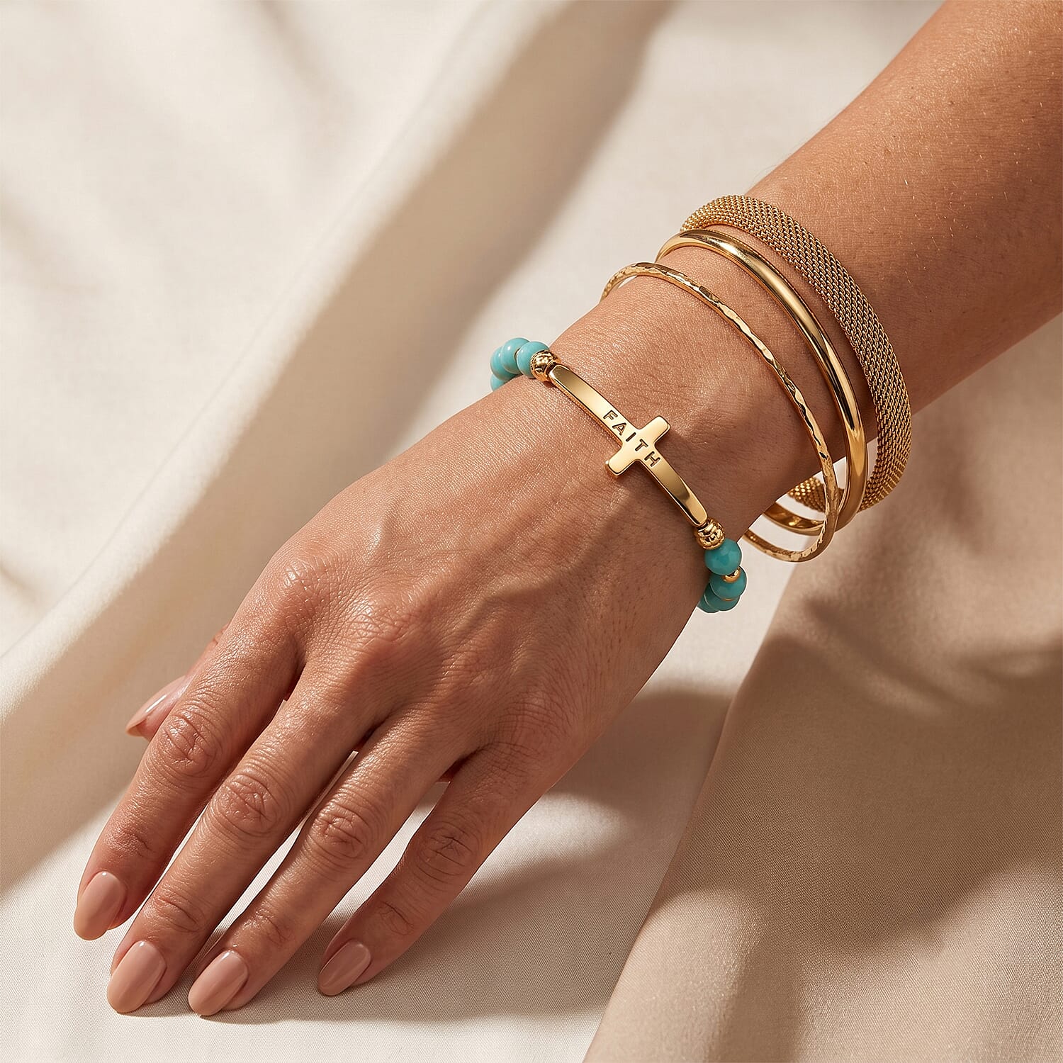 Turquoise Resin 8.80 ctw Faith Cross Bolo Bracelet in Goldtone