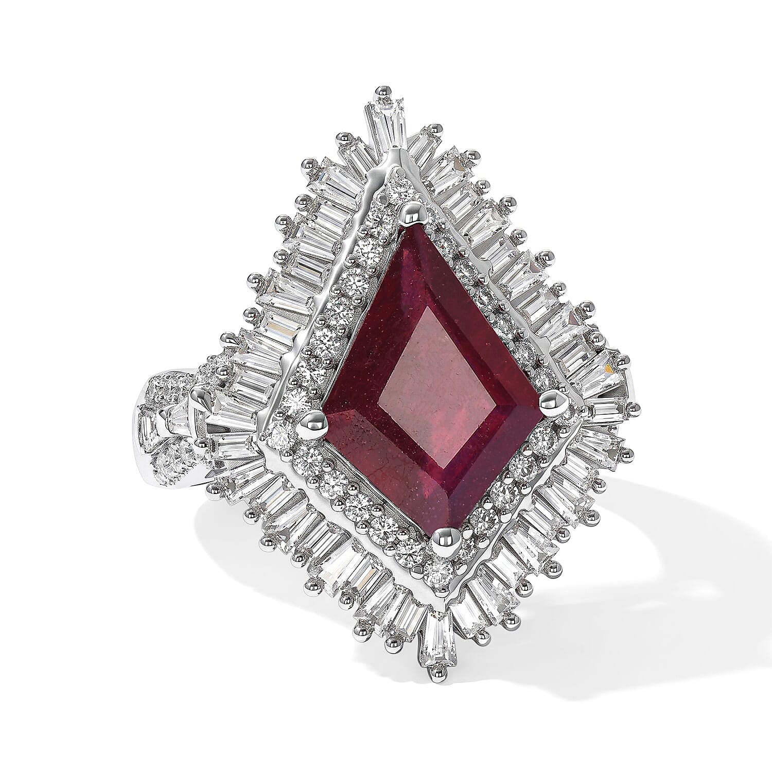 D'Joy Premium Niassa Ruby (FF) and Moissanite 6.10 ctw Ring in Rhodium Over Sterling Silver (Size 6.0)