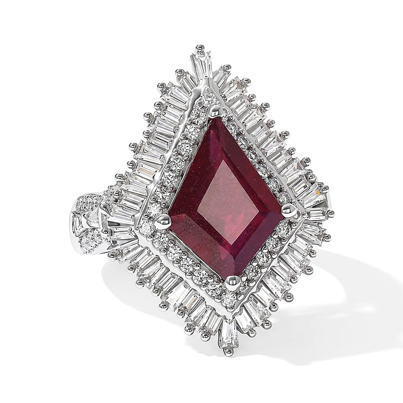 D'Joy Premium Niassa Ruby (FF) and Moissanite 6.10 ctw Ring in Rhodium Over Sterling Silver (Size 6.0)