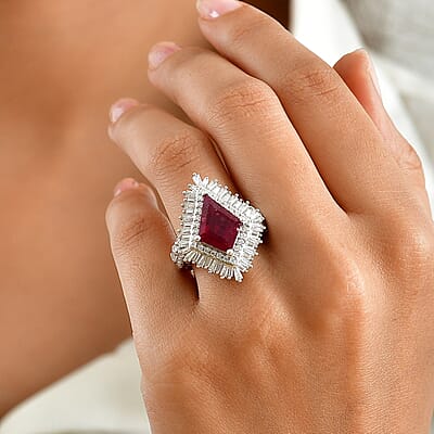 D'Joy Premium Niassa Ruby (FF) and Moissanite 6.10 ctw Ring in Rhodium Over Sterling Silver (Size 6.0)