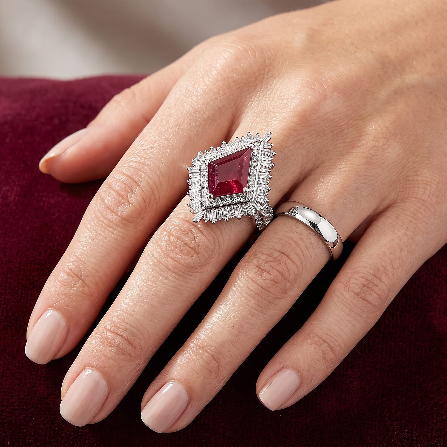 D'Joy Premium Niassa Ruby (FF) and Moissanite 6.10 ctw Ring in Rhodium Over Sterling Silver (Size 6.0)