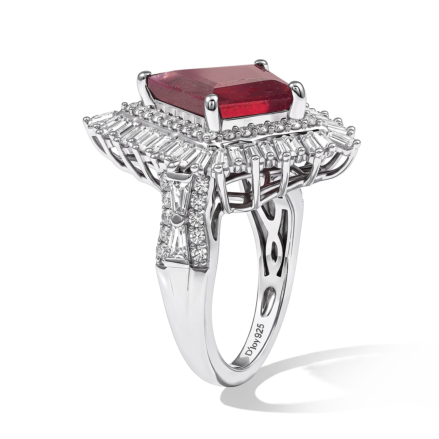 D'Joy Premium Niassa Ruby (FF) and Moissanite 6.10 ctw Ring in Rhodium Over Sterling Silver (Size 6.0)