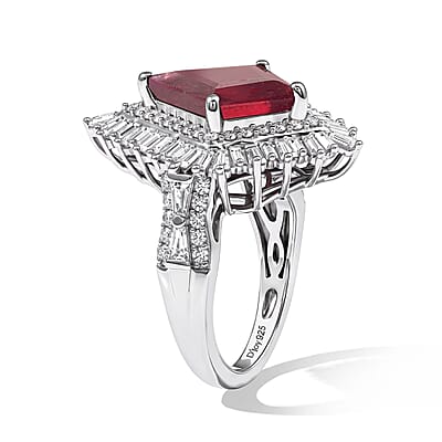 D'Joy Premium Niassa Ruby (FF) and Moissanite 6.10 ctw Ring in Rhodium Over Sterling Silver (Size 6.0)