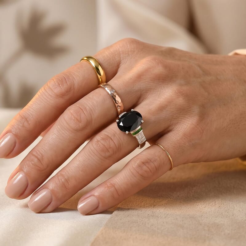EverTrue Thai Black Spinel and Multi Gemstone 8.75 ctw Verdant Throne Ring in Platinum Bond (Size 6.0)