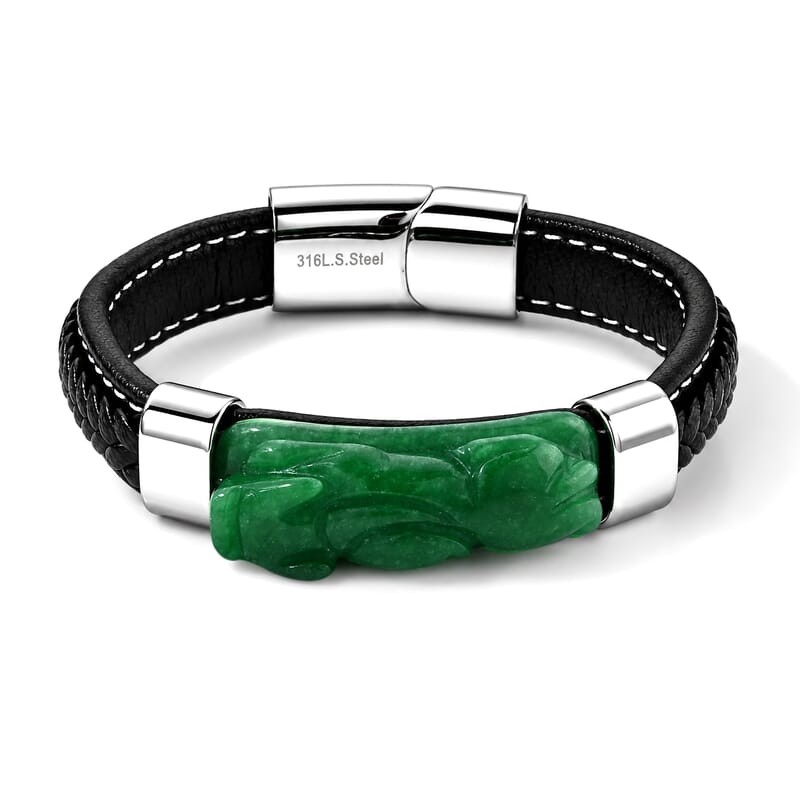 Verdant Green Jade(D) 90.00 ctw Carved Pixiu Bracelet in Stainless Steel (7.50 In)
