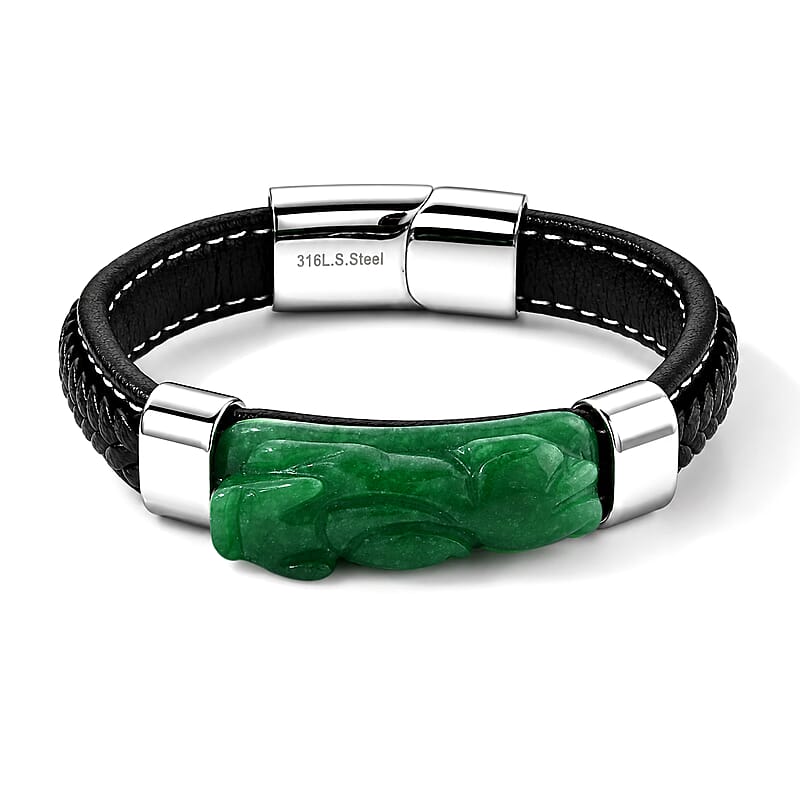 Green Jade (D) 90.00 ctw Beaded Pixiu Bracelet in Stainless Steel (7.50 In)