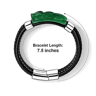 Green Jade (D) 90.00 ctw Beaded Pixiu Bracelet in Stainless Steel (7.50 In)
