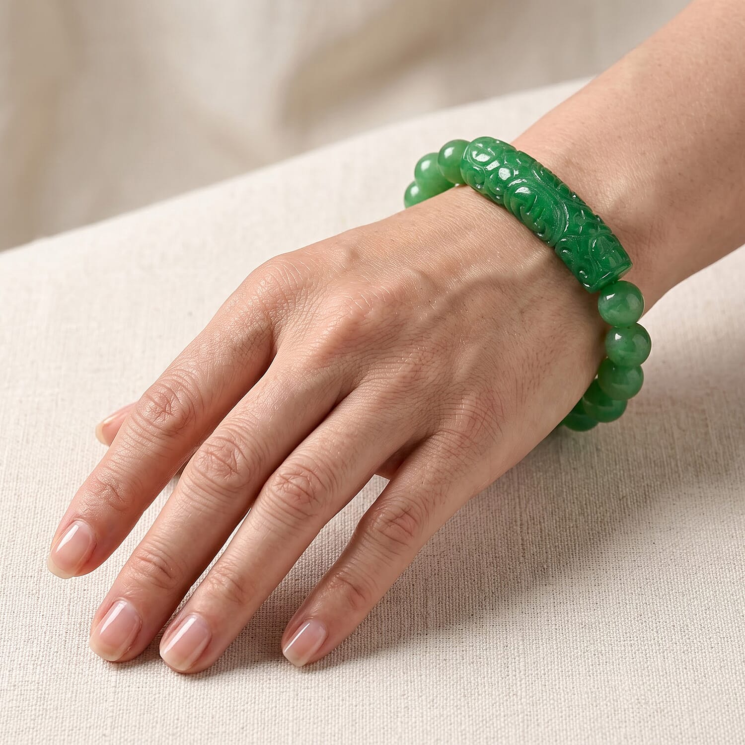 Green Jade (D) 230.00 ctw Beaded Stretch Bracelet (6.5-7In)