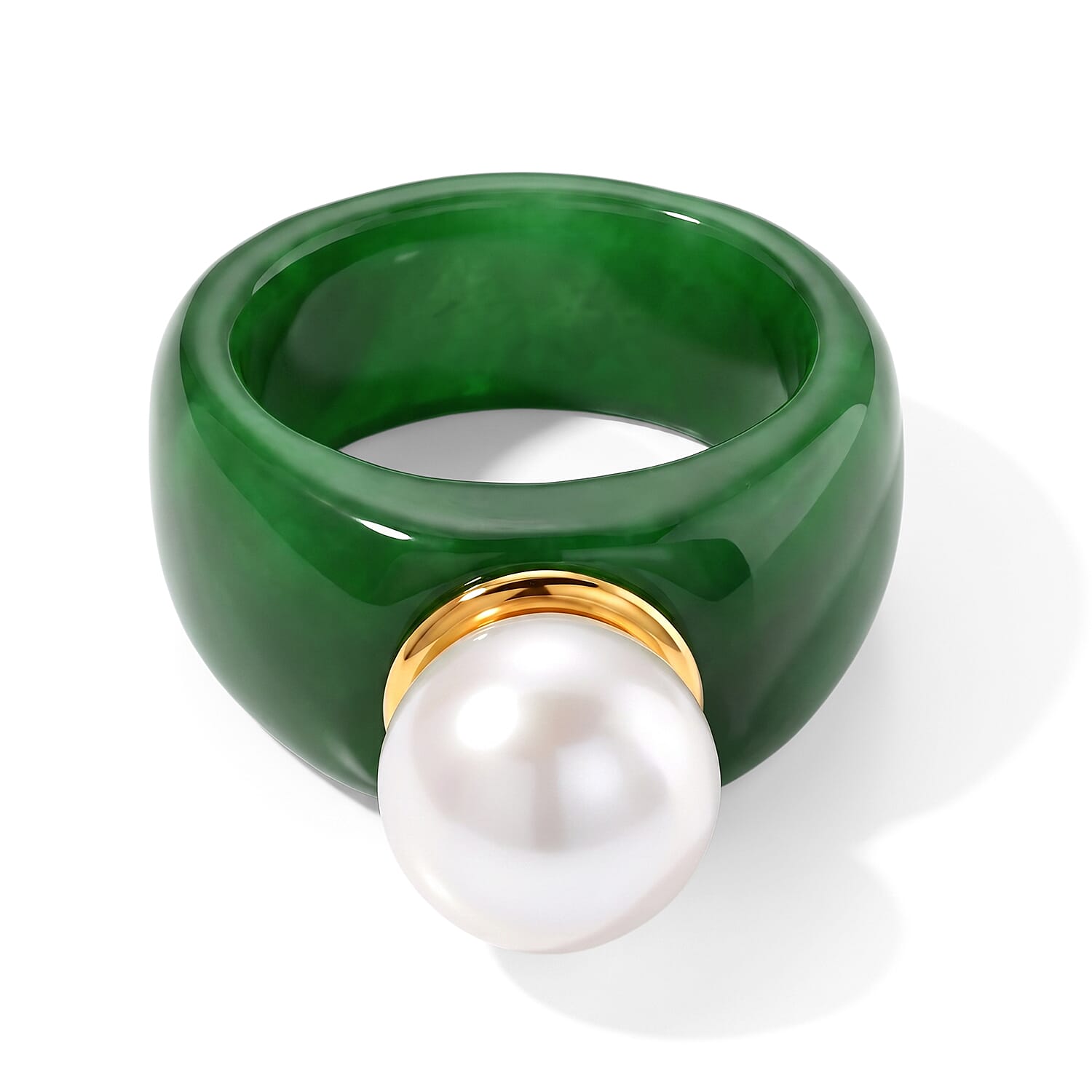 D'Joy White Edison Pearl and Green Jade 10.00 ctw Band Ring in 14K Yellow Gold Over Sterling Silver (Size 6.0)