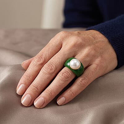D'Joy White Edison Pearl and Green Jade 10.00 ctw Band Ring in 14K Yellow Gold Over Sterling Silver (Size 6.0)