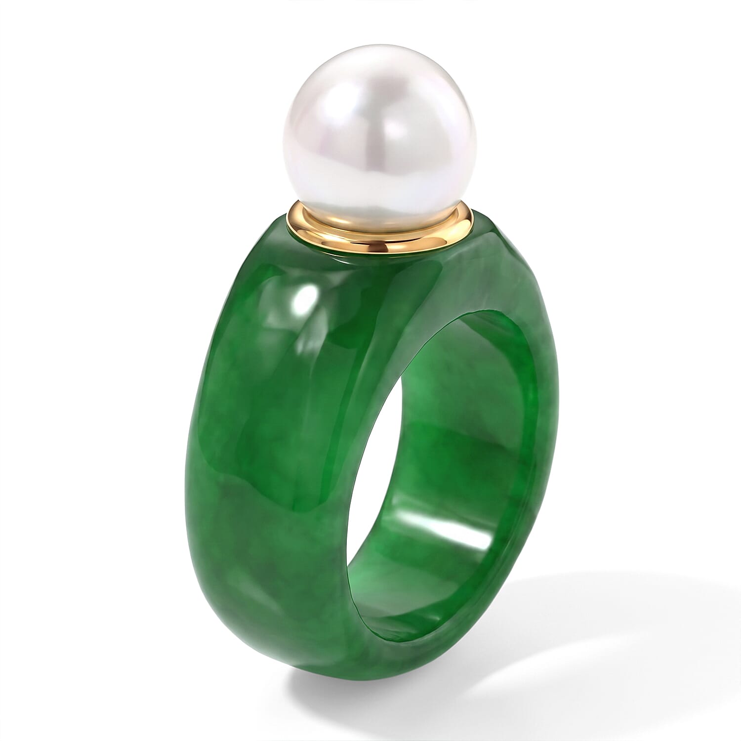 D'Joy White Edison Pearl and Green Jade 10.00 ctw Band Ring in 14K Yellow Gold Over Sterling Silver (Size 6.0)