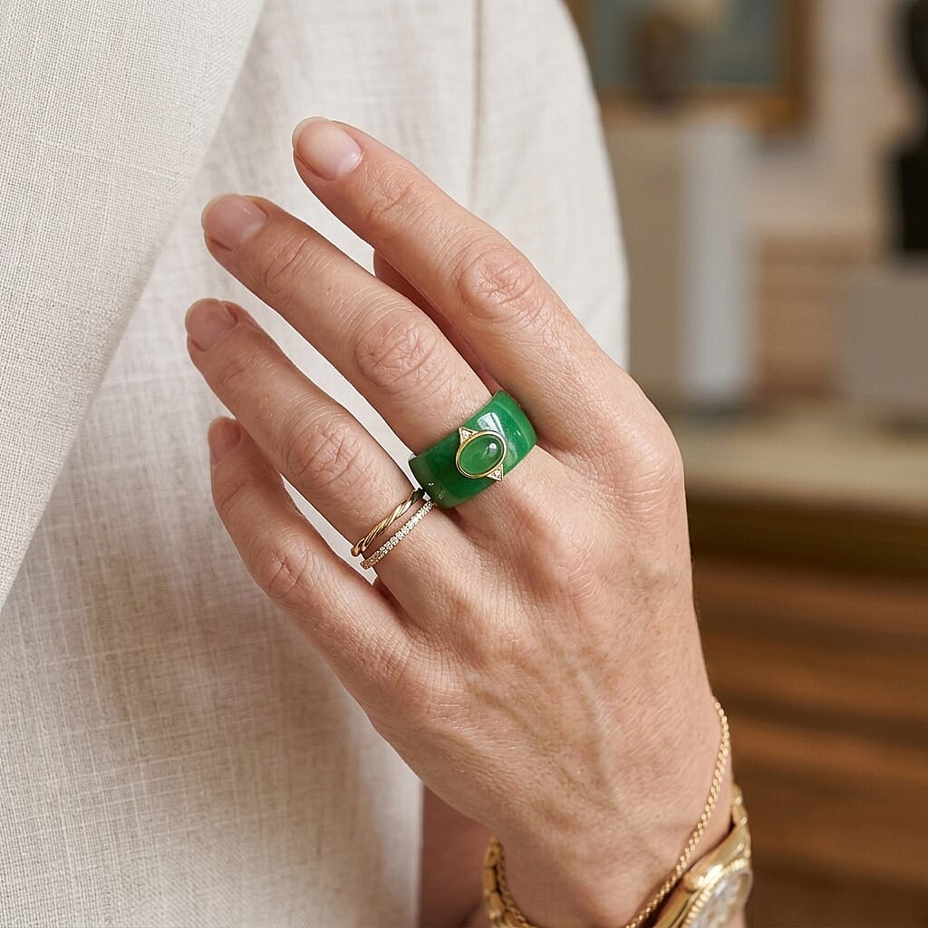 D'Joy Green Jade(D) and Simulated Diamond 30.10 ctw Ring in 14K YG Over Sterling Silver (Size 6.0)