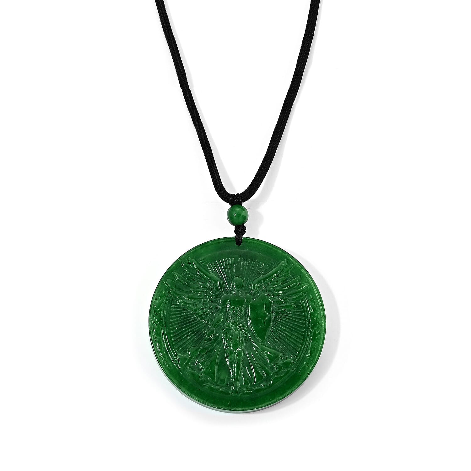 Green Jade(D) 110.00 ctw Carved Angel Pendant with Cord Necklace (28 Inches)