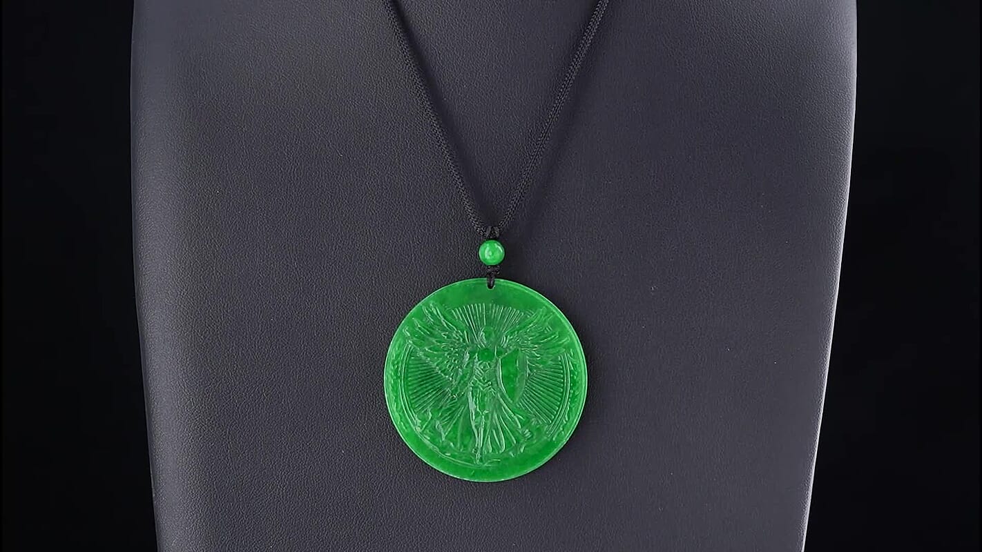 Green Jade(D) 110.00 ctw Carved Angel Pendant with Cord Necklace (28 Inches)