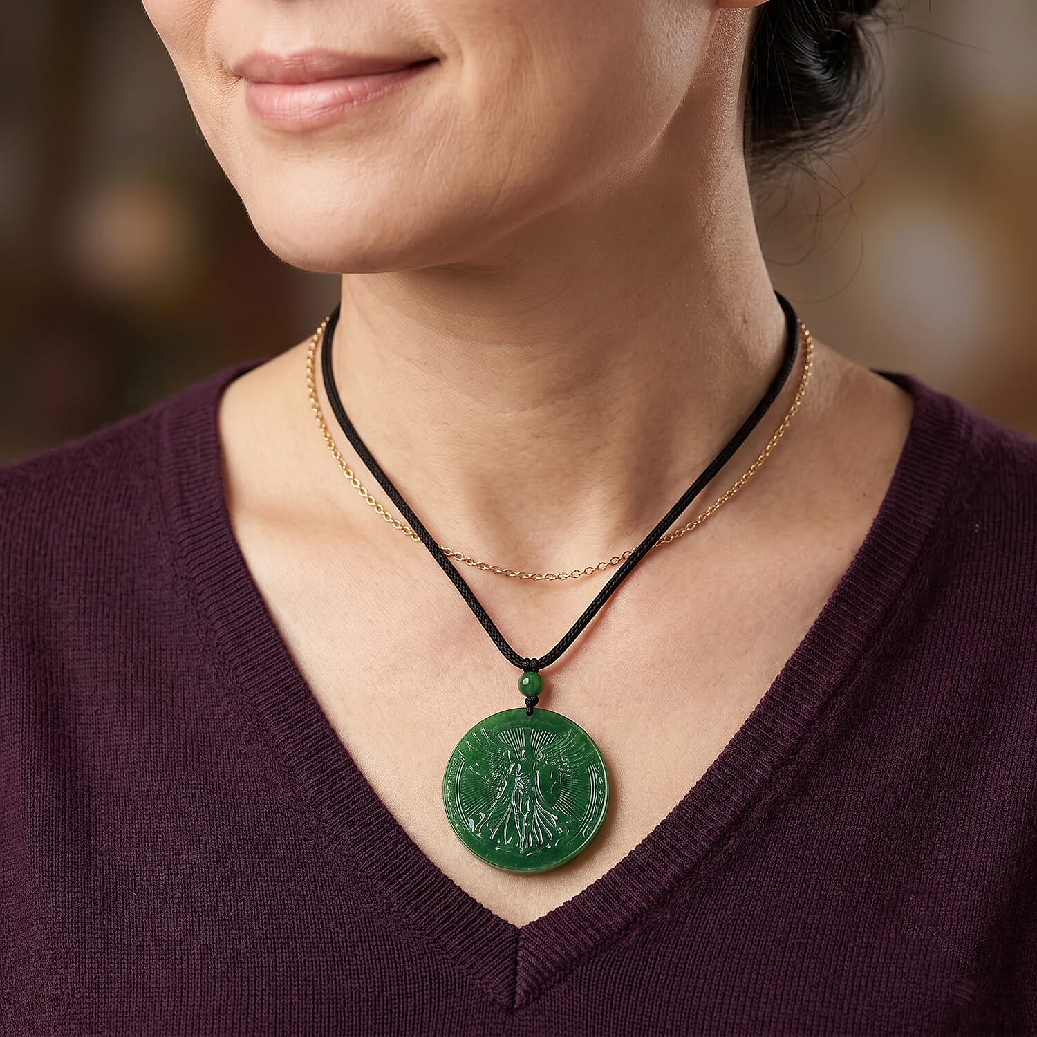 Green Jade(D) 110.00 ctw Carved Angel Pendant with Cord Necklace (28 Inches)