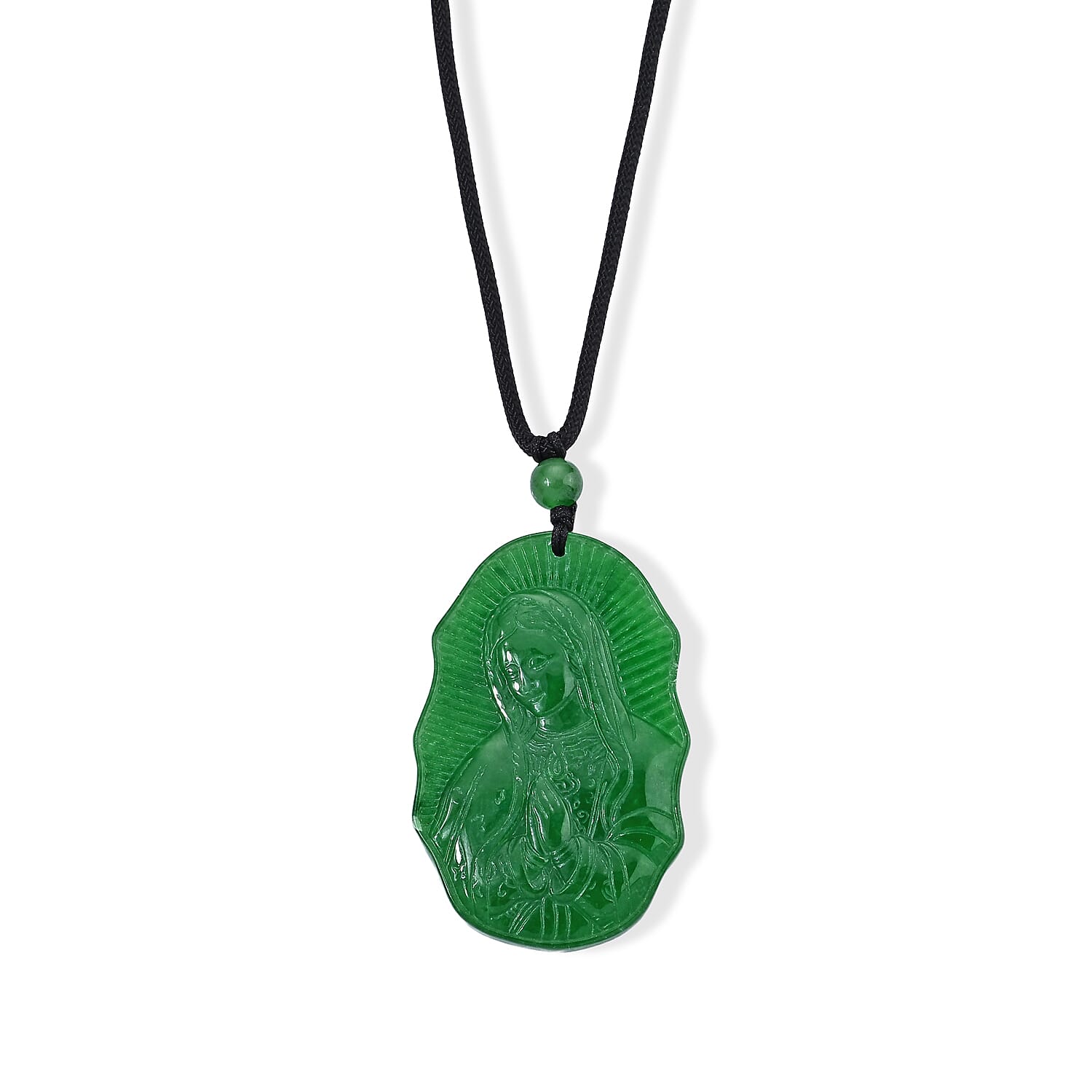 Green Jade (D) 85.00 ctw Madonna Carved Pendant with Cord Necklace (28 Inches)