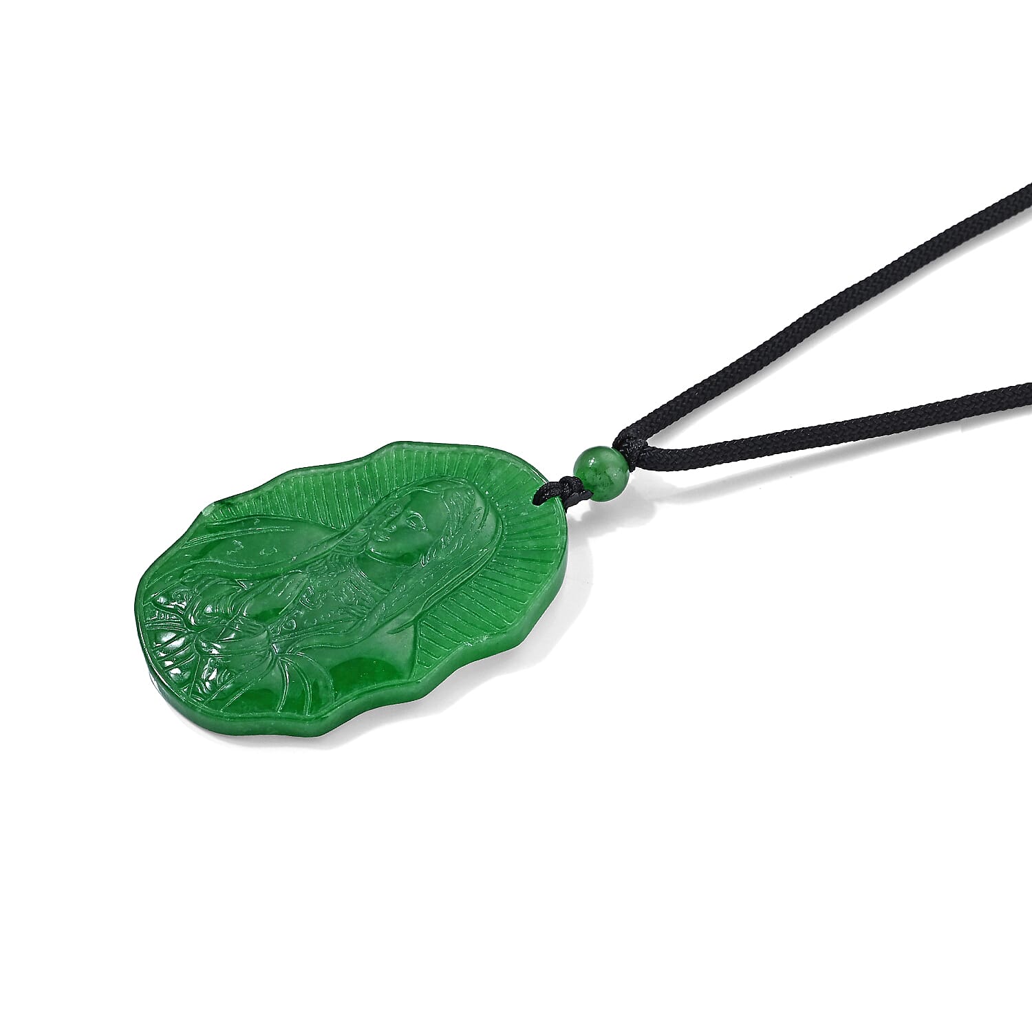 Green Jade (D) 85.00 ctw Madonna Carved Pendant with Cord Necklace (28 Inches)