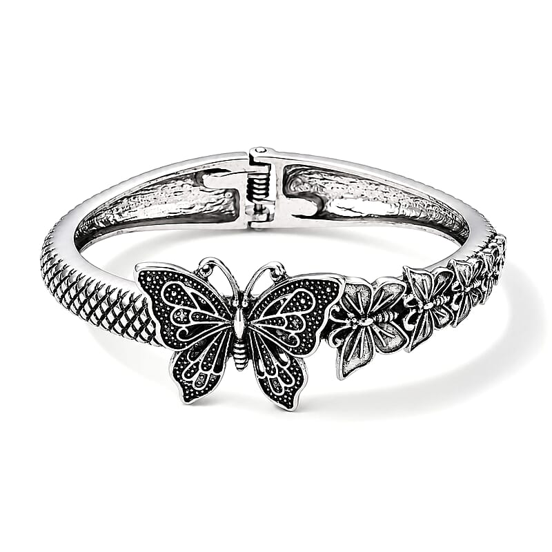 Butterfly Bangle Bracelet in Silvertone (7.25 In)