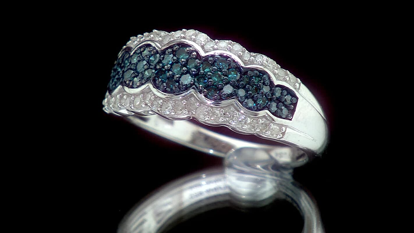 D''Joy Blue Diamond (IR), Diamond Ring in Rhodium Over Sterling Silver (Size 10.0) 0.70 ctw