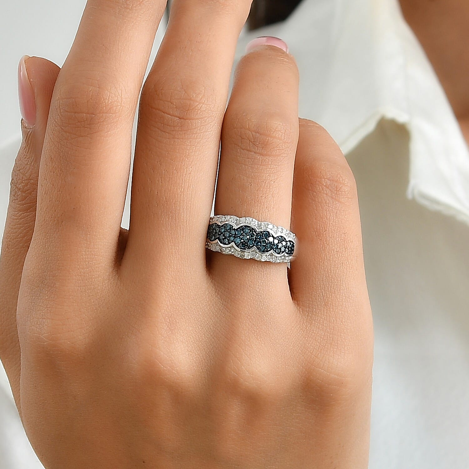 D'Joy Blue and White Diamond 0.70 ctw Floral Ring in Rhodium Over Sterling Silver (Size 7.0)