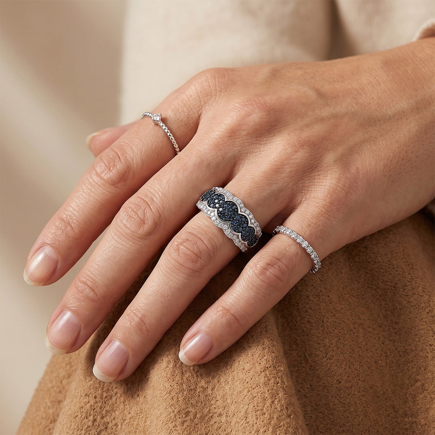 D'Joy Blue and White Diamond 0.70 ctw Floral Ring in Rhodium Over Sterling Silver (Size 7.0)