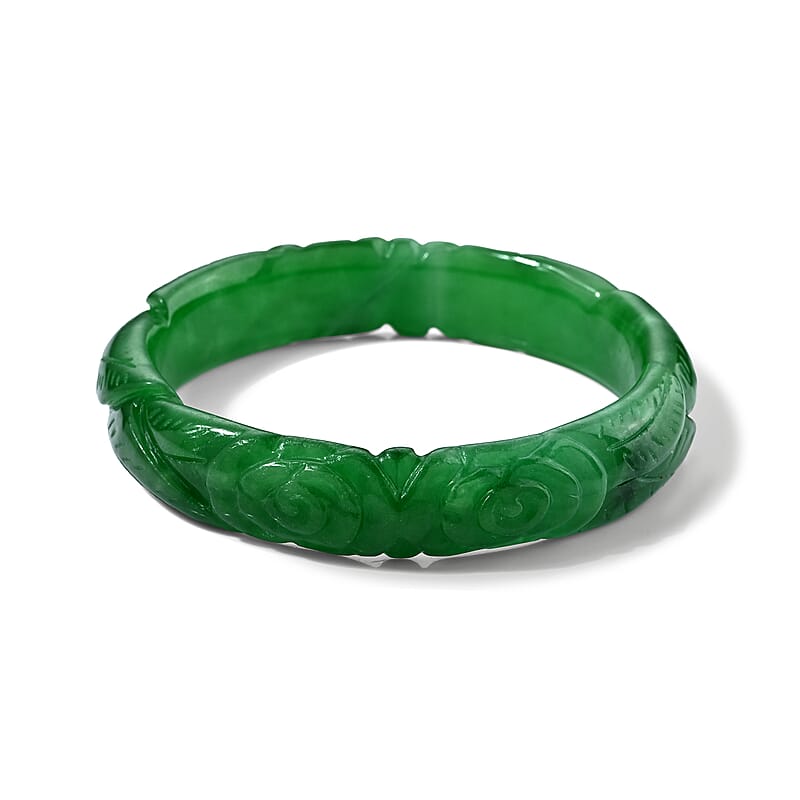 Green Jade 245.00 ctw Carved Rose Bangle Bracelet (7.00 In)