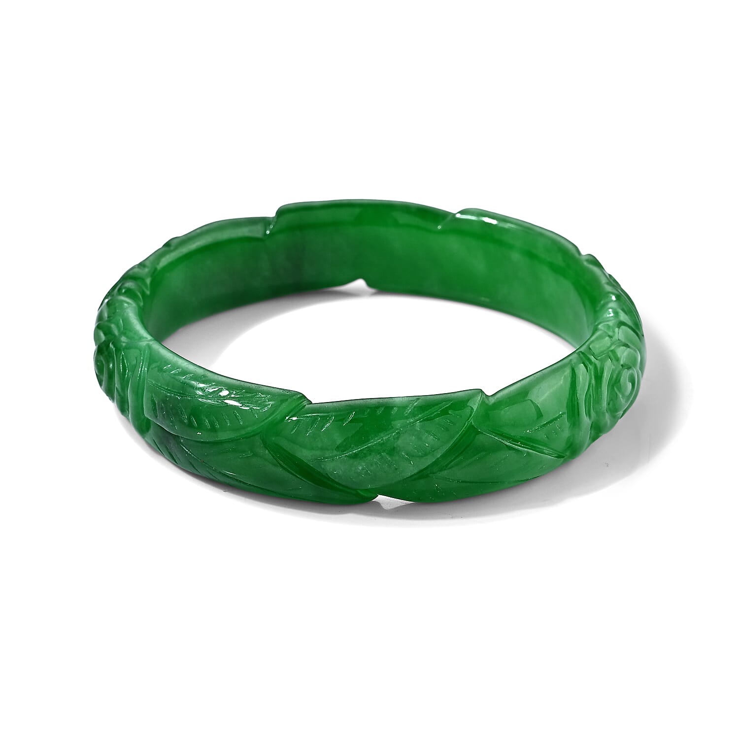 Green Jade 245.00 ctw Carved Rose Bangle Bracelet (7.00 In)